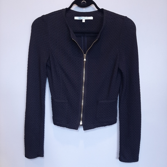 LA FEE MARABOUTEE Cropped Zip Front Blazer Jacket Fitted Collarless Textured - Picture 12 of 16